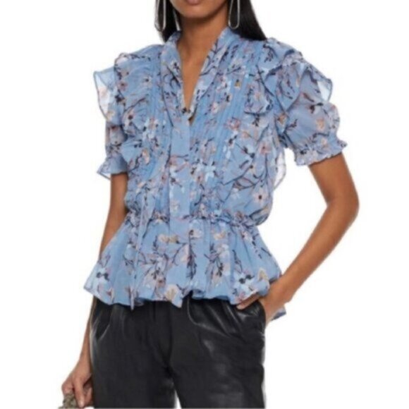 Walter Baker Tops - Walter Baker | Blue Shiloh Tie Neck Floral Georgette Blouse Size Medium